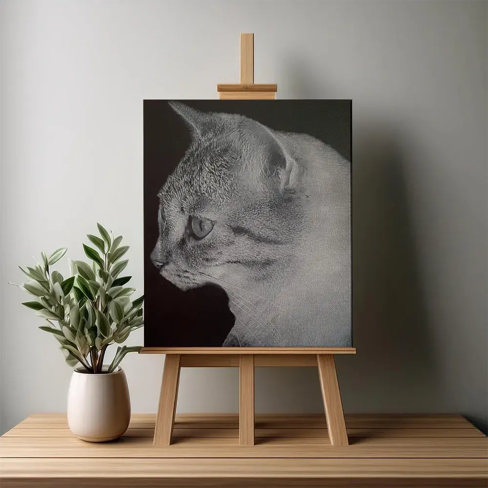 Gravure laser sur toile d'une photo d'un portrait de chat