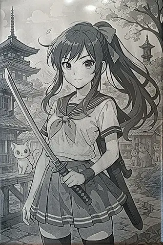 Détail de la gravure laser L'Apprentie du Katana représentant une jeune guerrière manga avec son sabre japonais.