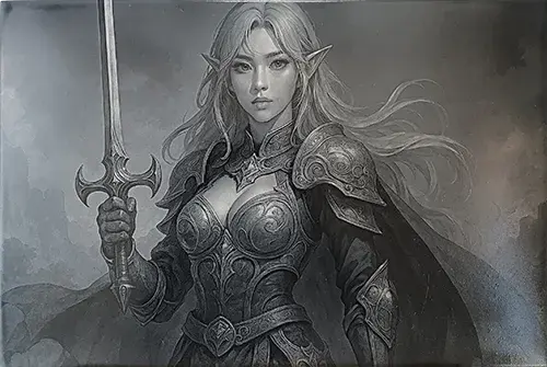 Détail d'une gravure laser représentant une guerrière elfique fantasy en armure avec épée.