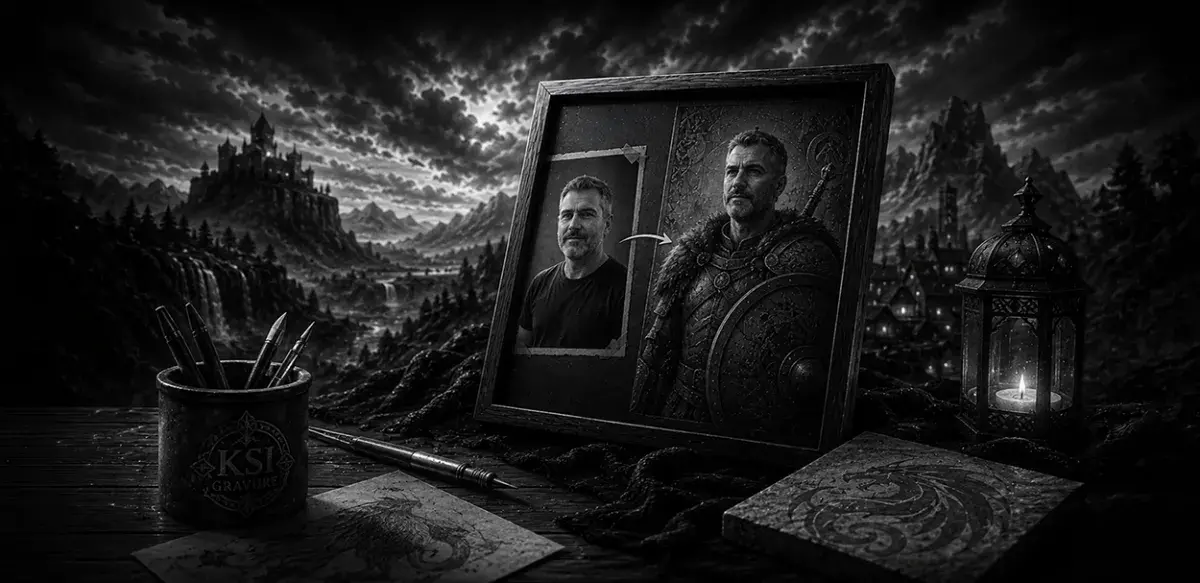 Création personnalisée sur carrelage réalisée par KSI-Gravure à Riorges près de Roanne, à partir d'une photo transformée en personnage fantasy.