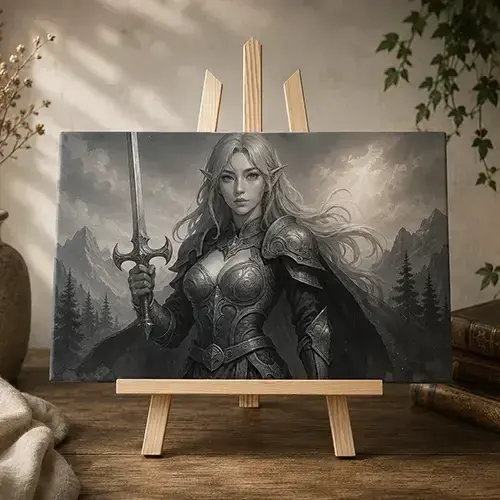 Guerrière elfique fantasy gravée au laser sur carrelage décoratif artisanal réalisé à Riorges près de Roanne.