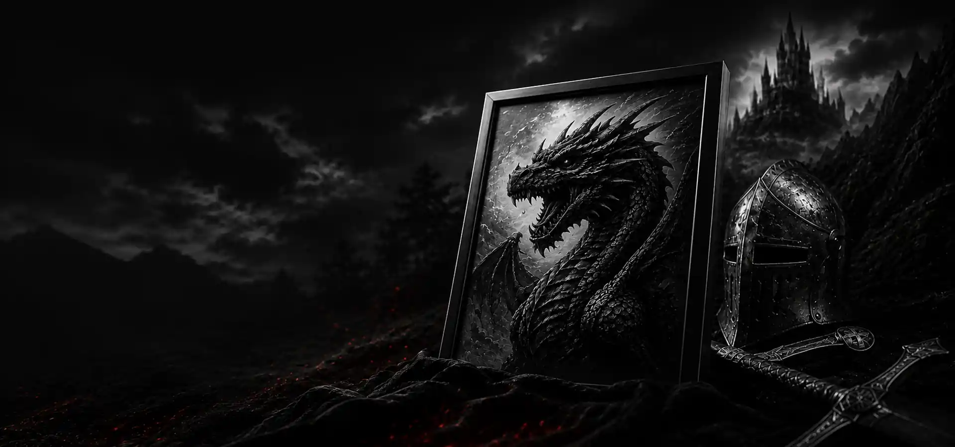 Illustration fantasy représentant un dragon dans un univers médiéval sombre utilisée sur le site KSI-Gravure.