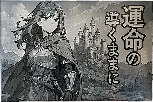 Illustration manga gravée au laser représentant une héroïne devant un château médiéval.