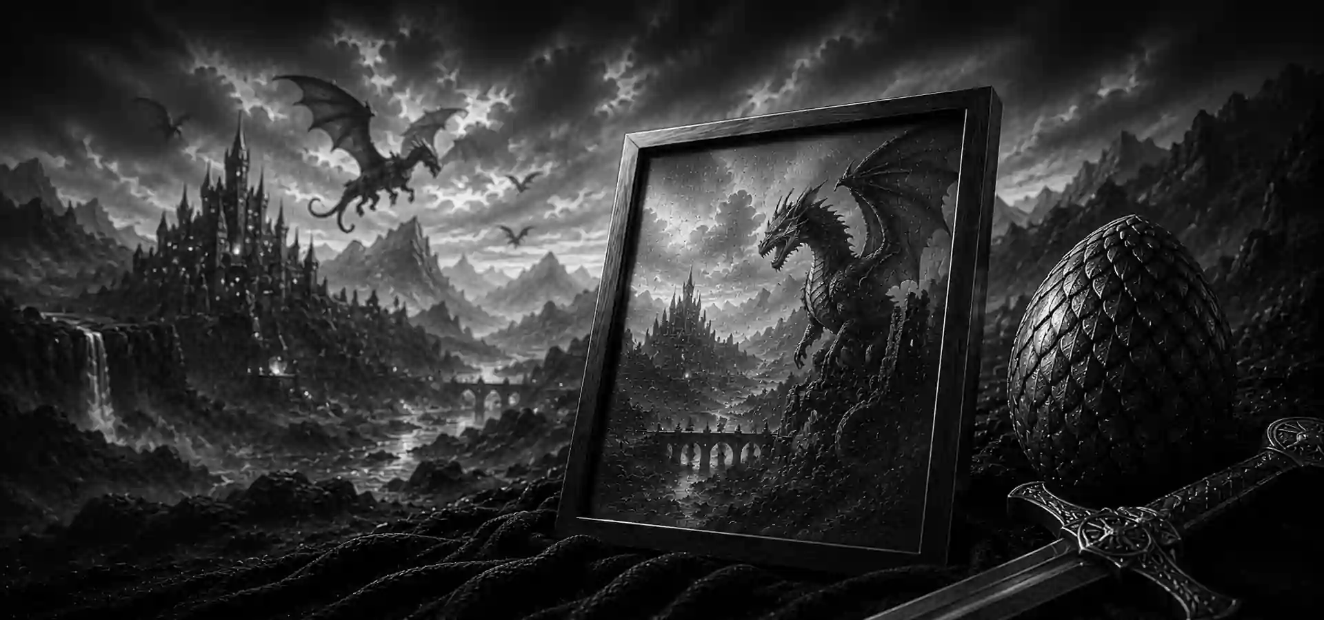 Illustration d'un dragon fantasy dans un univers médiéval sombre représentant l’univers Dragons de KSI-Gravure.