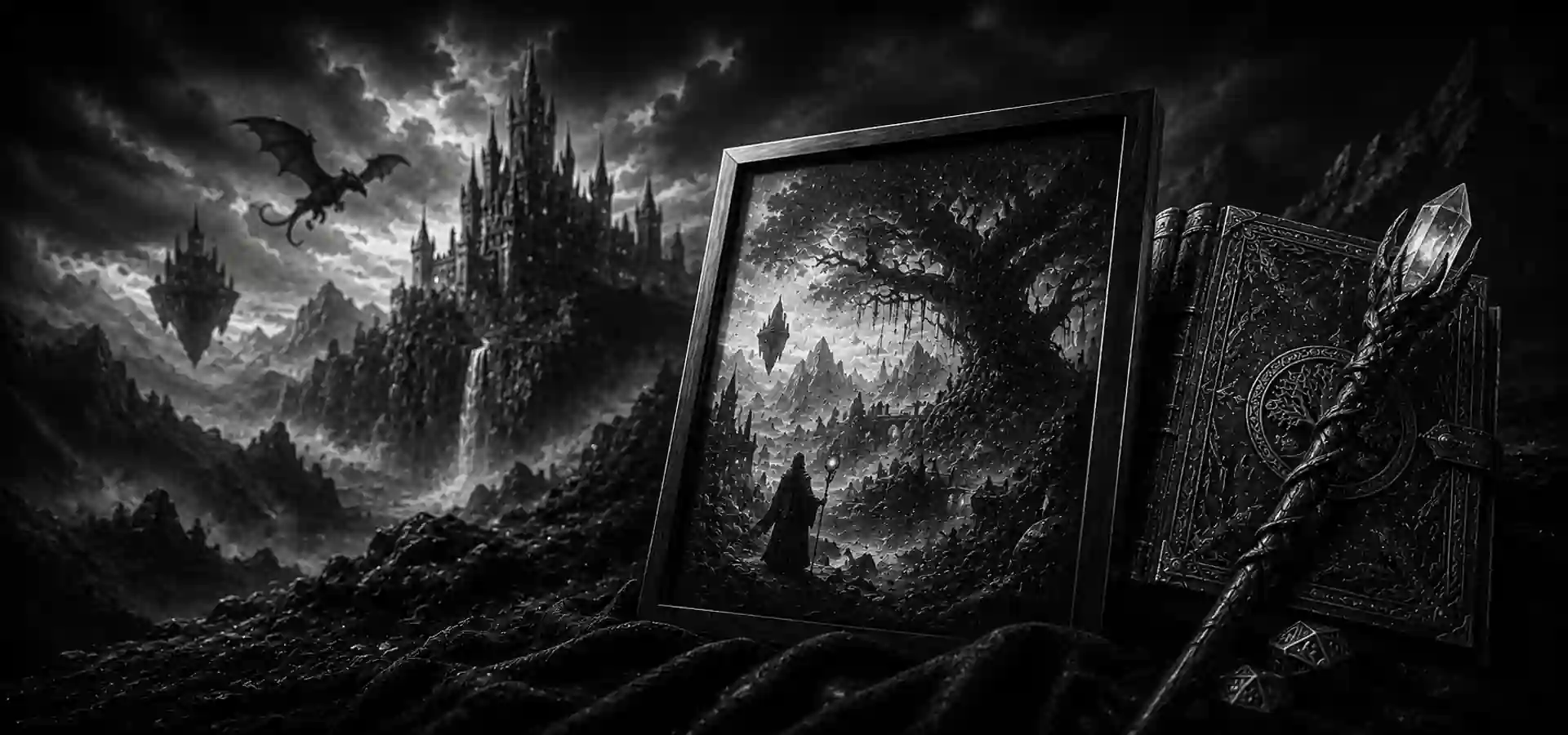 Illustration fantasy représentant un mage, un château fantastique et un univers magique pour la catégorie Fantasy de KSI-Gravure.