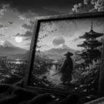 Illustration inspirée du Japon féodal avec samouraï, Mont Fuji, pagodes japonaises et masque Kitsune pour l'univers Manga & Japon de KSI-Gravure.
