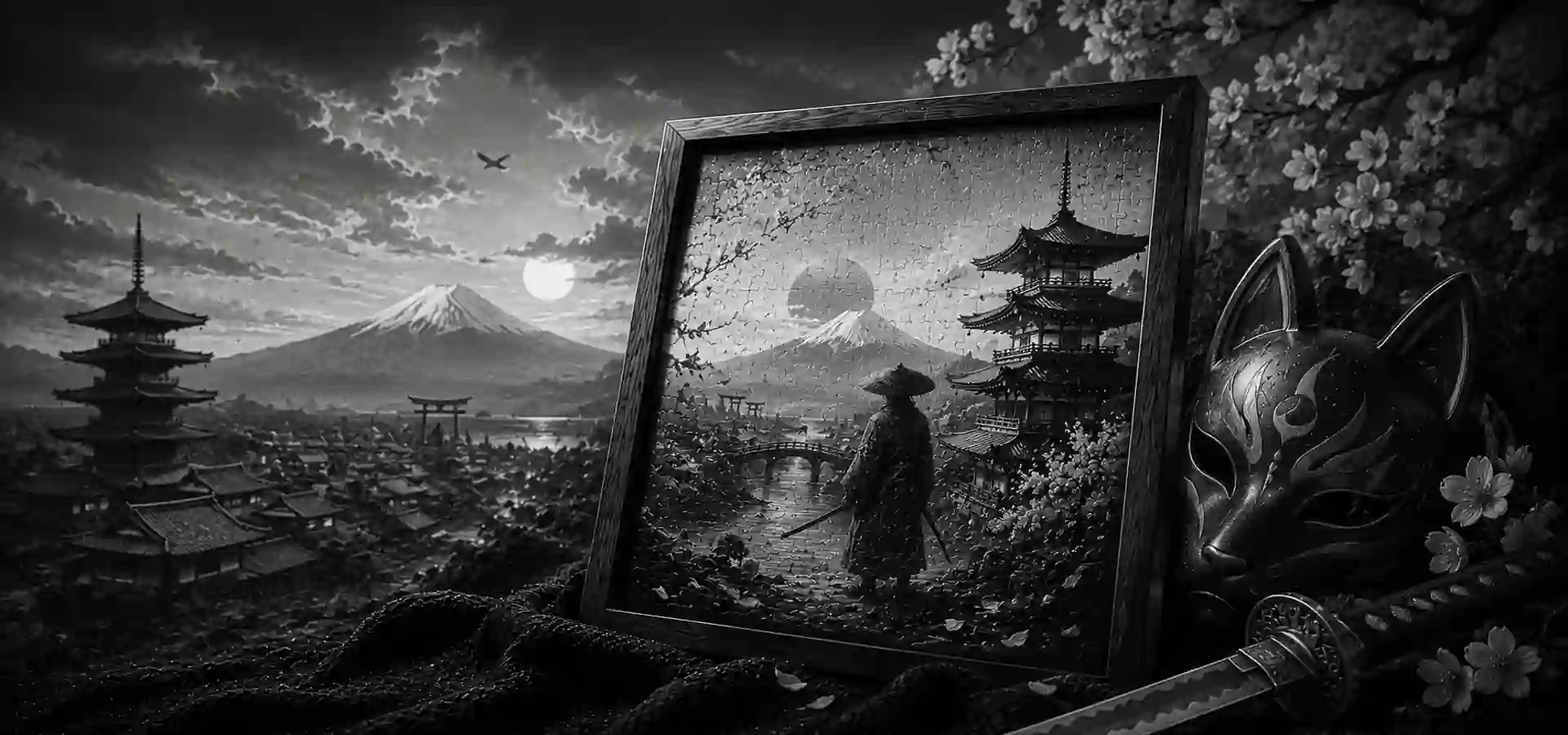 Illustration inspirée du Japon féodal avec samouraï, Mont Fuji, pagodes japonaises et masque Kitsune pour l'univers Manga & Japon de KSI-Gravure.