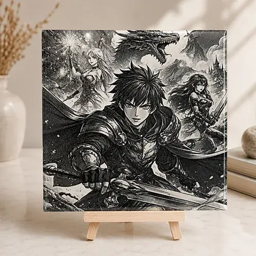 Gravure laser sur carrelage L'Alliance des Royaumes représentant un chevalier, une magicienne, une guerrière et un dragon.