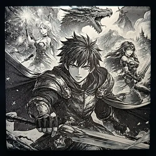 Gravure laser L'Alliance des Royaumes sur fond noir représentant un groupe de héros fantasy.
