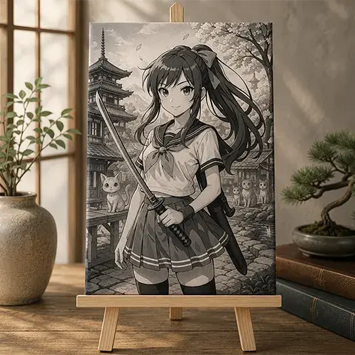 Décoration manga sur carrelage L'Apprentie du Katana dans un intérieur inspiré du Japon.