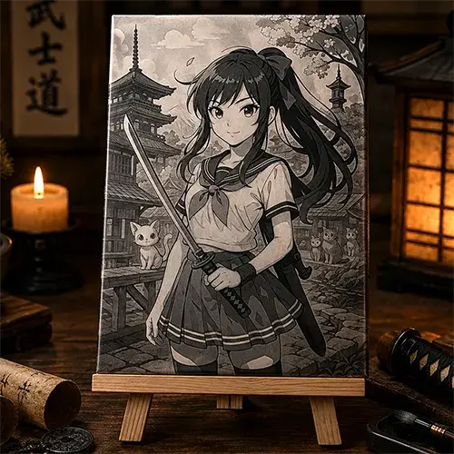 Gravure laser manga L'Apprentie du Katana présentée dans une ambiance japonaise.