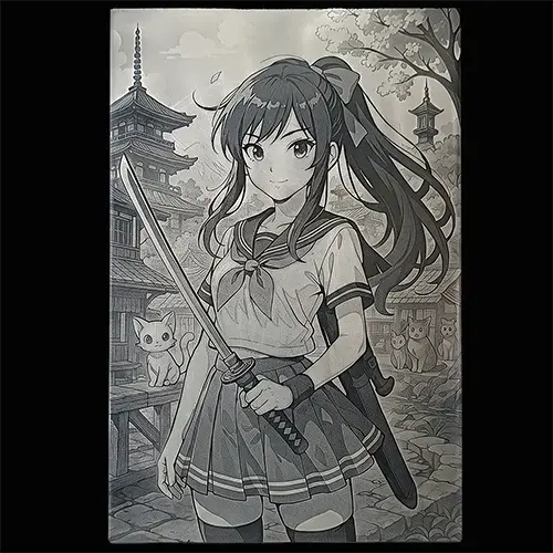 Gravure laser sur carrelage L'Apprentie du Katana fond noir.