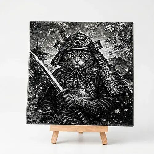 Création artisanale Le Samouraï du Sakura gravée sur carrelage.