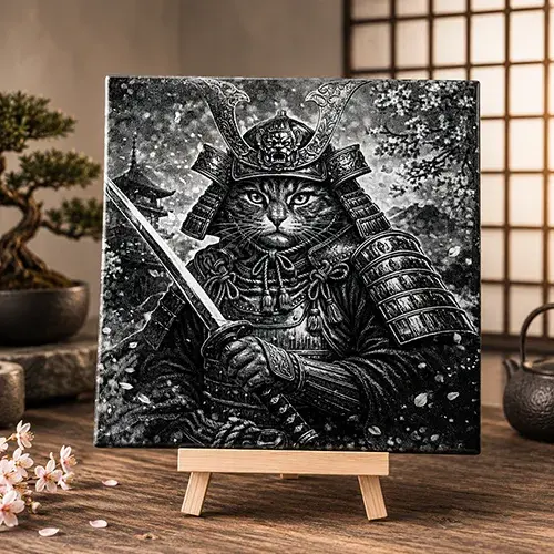 Carrelage gravé représentant un chat samouraï dans un décor japonais traditionnel.