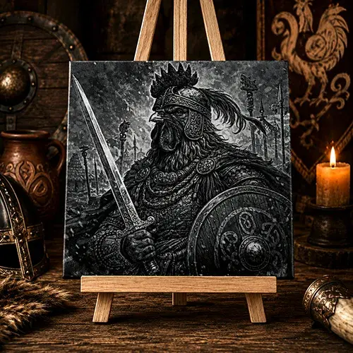 Carrelage gravé au laser représentant un coq gaulois en armure de guerrier dans une ambiance historique inspirée de la Gaule.