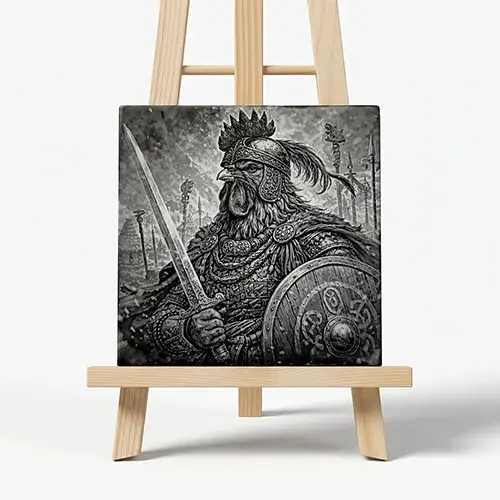 Gravure laser représentant un coq gaulois en armure sur carrelage.