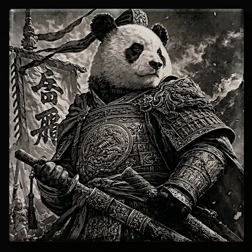 Gravure laser représentant un panda guerrier samouraï sur carrelage.