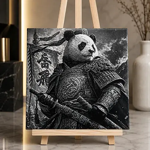 Gravure laser sur carrelage Le Gardien du Bambou représentant un panda guerrier samouraï.