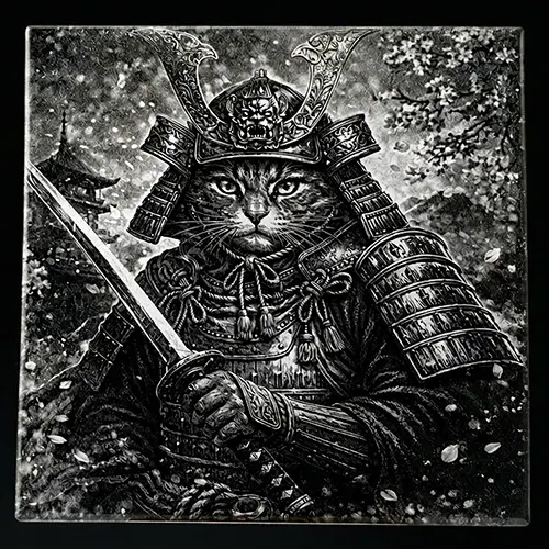 Gravure laser représentant un chat samouraï sur carrelage.