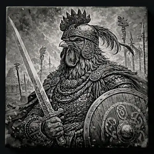 Gravure laser d'un coq gaulois en armure sur carrelage.