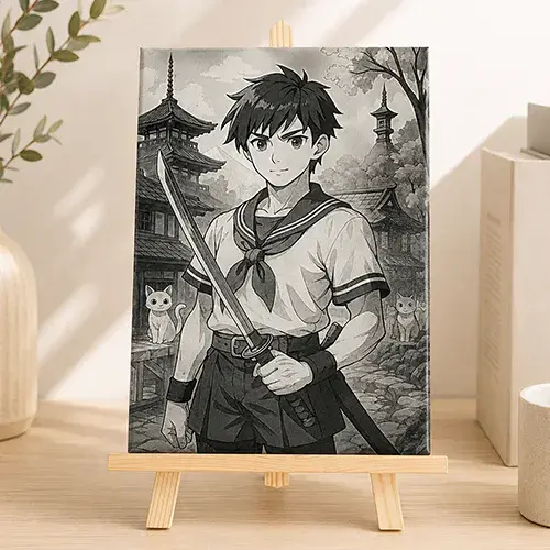 Décoration manga sur carrelage Le Jeune Samouraï présentée sur chevalet.