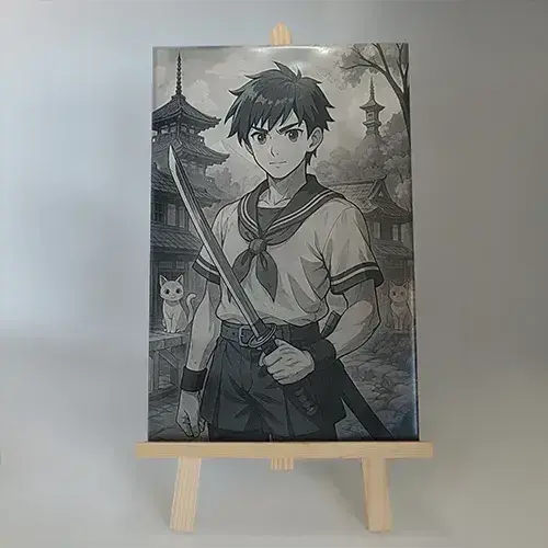 Création artisanale Le Jeune Samouraï gravée au laser sur carrelage.