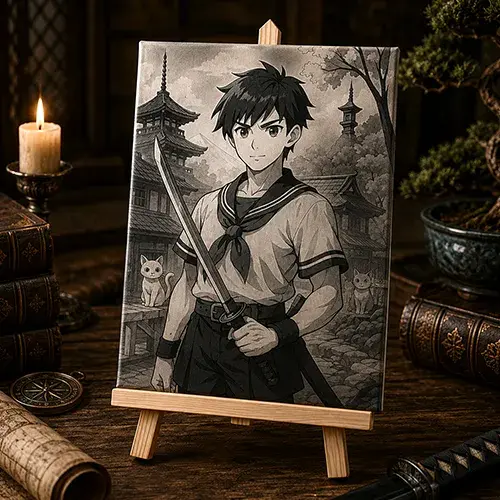 Gravure laser sur carrelage Le Jeune Samouraï représentant un jeune guerrier japonais avec un katana.