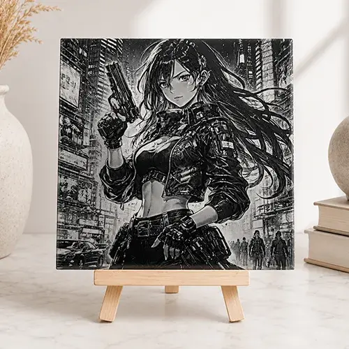 Décoration cyberpunk sur carrelage L'Ombre de NeoTokyo présentée sur chevalet.