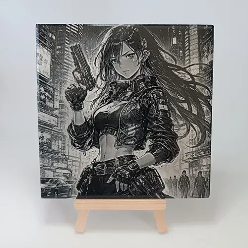 Création artisanale L'Ombre de NeoTokyo gravée au laser sur carrelage.