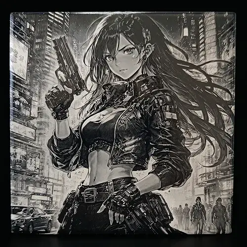 Gravure laser cyberpunk L'Ombre de NeoTokyo sur fond noir.