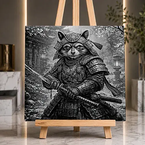 Gravure laser sur carrelage Le Ronin des Cerisiers représentant un raton laveur samouraï.